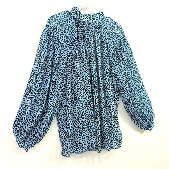 ASOS Blue Black Cheetah Print Semi Sheer Oversized Puff Sleeve Flowy Poet Blouse - Picture 2 of 16
